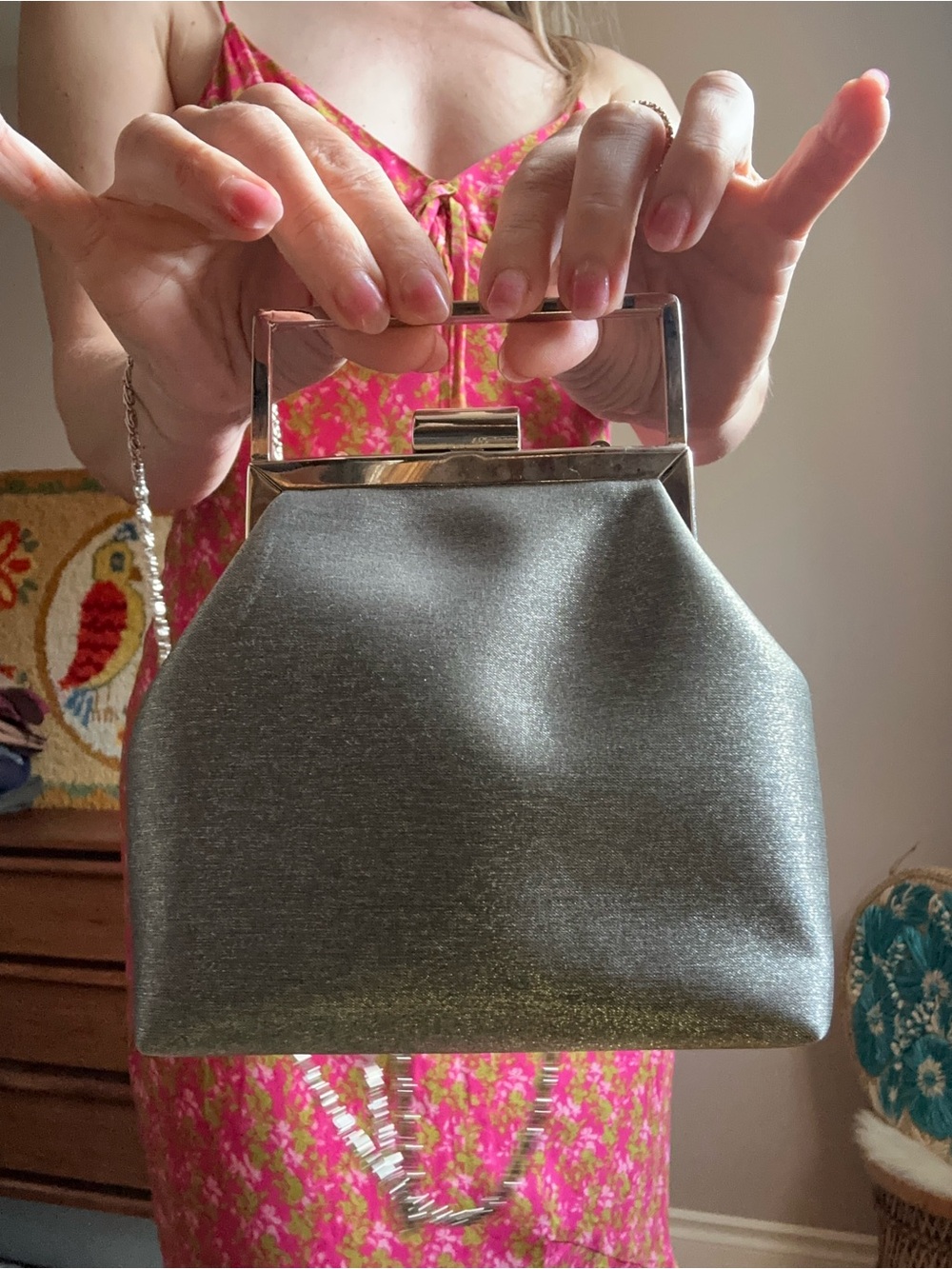 Vintage Silver Metallic Frame-Top Evening Bag